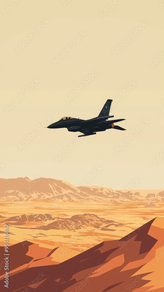 Naklejka premium A lone fighter jet cuts through the clear sky, soaring above a vast, sun-drenched desert landscape.