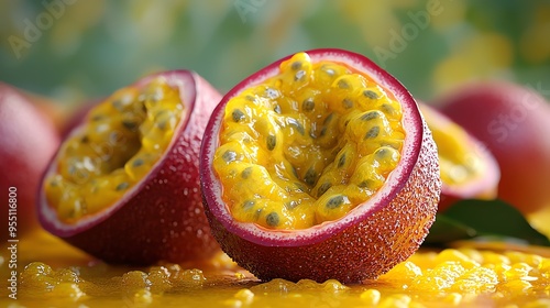 Exotic passion fruit, with seeds and pulp visible, 3D illustration photo