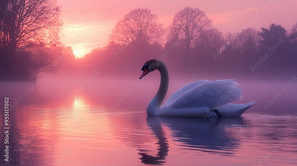 Fototapeta premium Serene Swan Floating on Misty Dawn Lake - Tranquil Nature Scene with Pink Sky Reflections