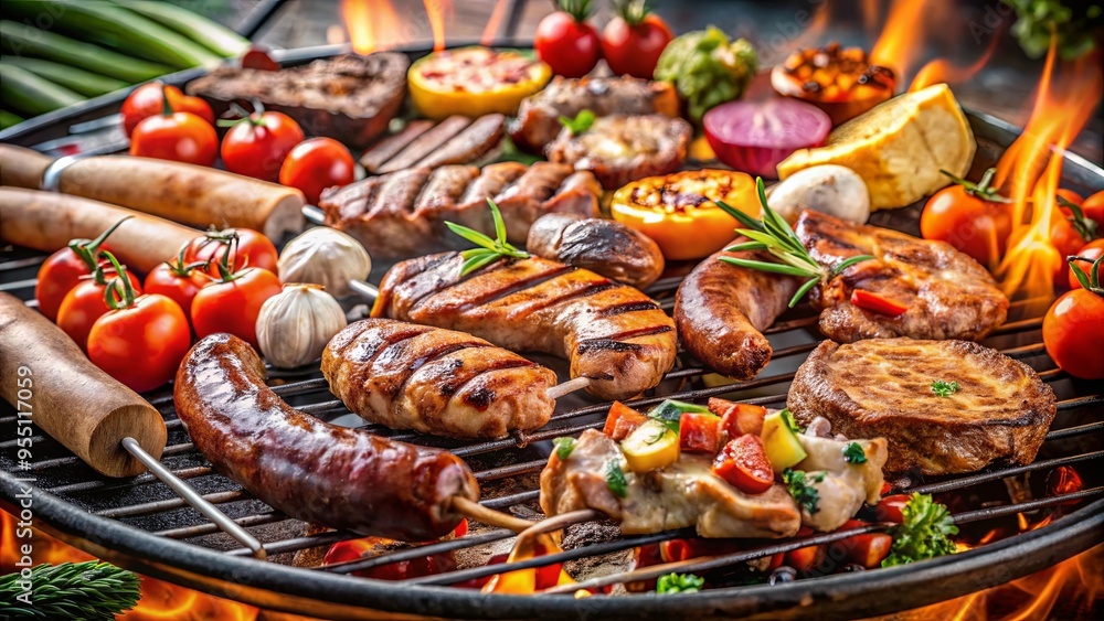 An assortment of mixed meats cooking on a BBQ grill An assortment of mixed meats cooking on a BBQ grill