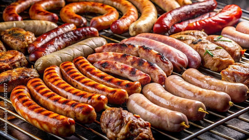 Assorted pork meats and sausages sizzling on a grill Assorted pork meats and sausages sizzling on a grill
