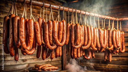 Traditional sausages being smoked in a rustic smokehouse