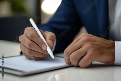 Close-up of a business man's hand using a stylus pen to use digital tablet on an office table with laptop computer. A businessman reads and signs an electronic signature on a business document using photo