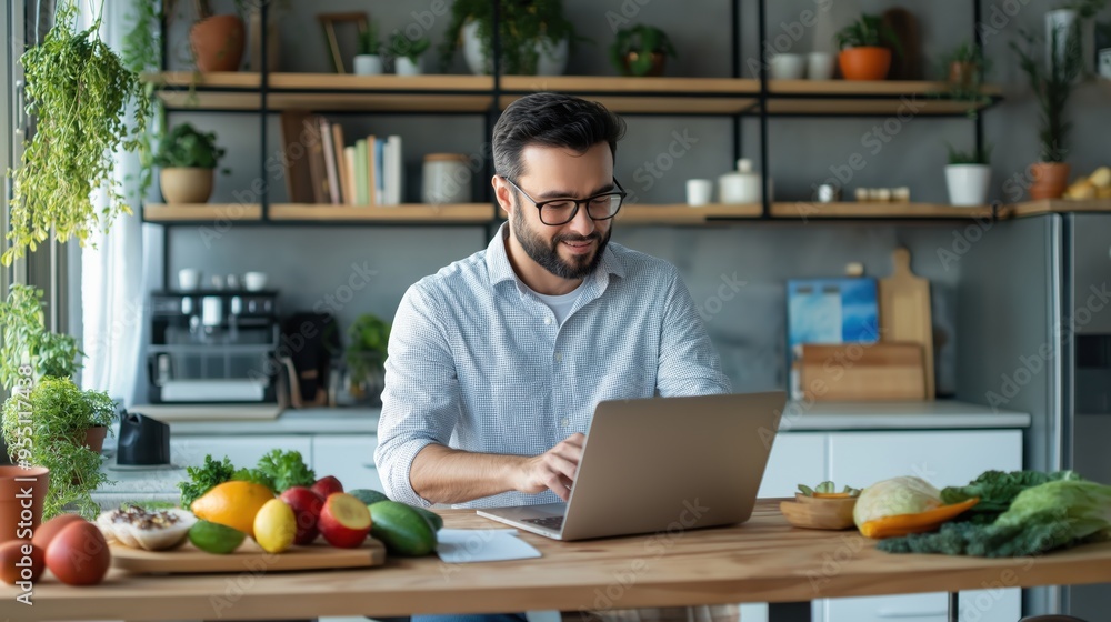 A man is sitting at a table with a laptop and a variety of fruits and vegetables. He is smiling while using his laptop A man is sitting at a table with a laptop and a variety of fruits and vegetables. He is smiling while using his laptop