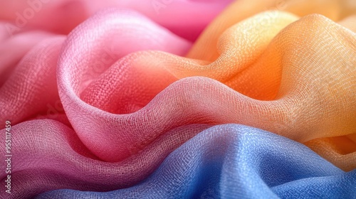 closeup macro photography of luxurious fabric textures soft pastel hues of pink yellow blue emphasis on delicate weave