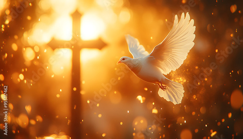 “A White Dove Flying Towards the Cross with Warm Sunlight Illuminating the Scene, Symbolizing Peace, Faith, and Spiritual Guidance, Capturing a Divine and Inspirational Moment in a Sacred and Upliftin