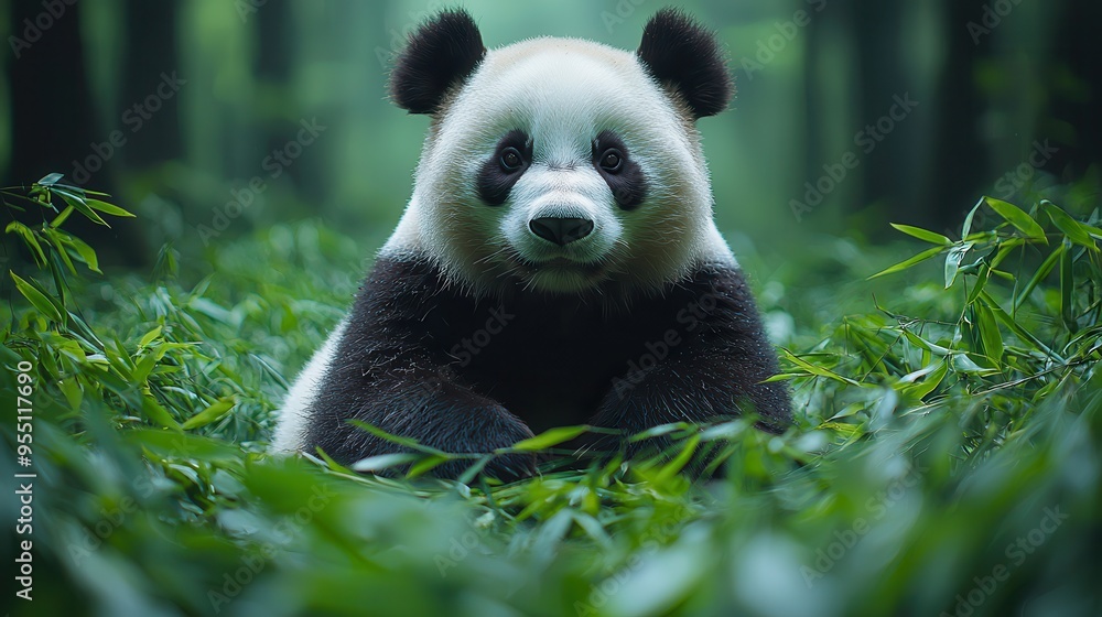 Serene Giant Panda Feasting on Bamboo in Lush Forest Setting Serene Giant Panda Feasting on Bamboo in Lush Forest Setting
