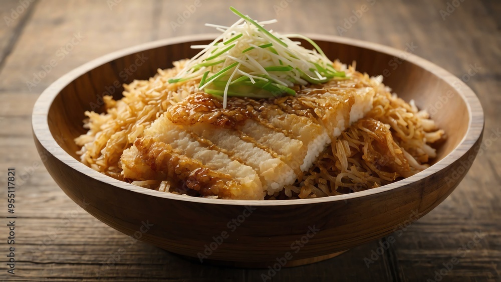 japanese rice dish katsudon isolated on an aesthetic wooden plate
