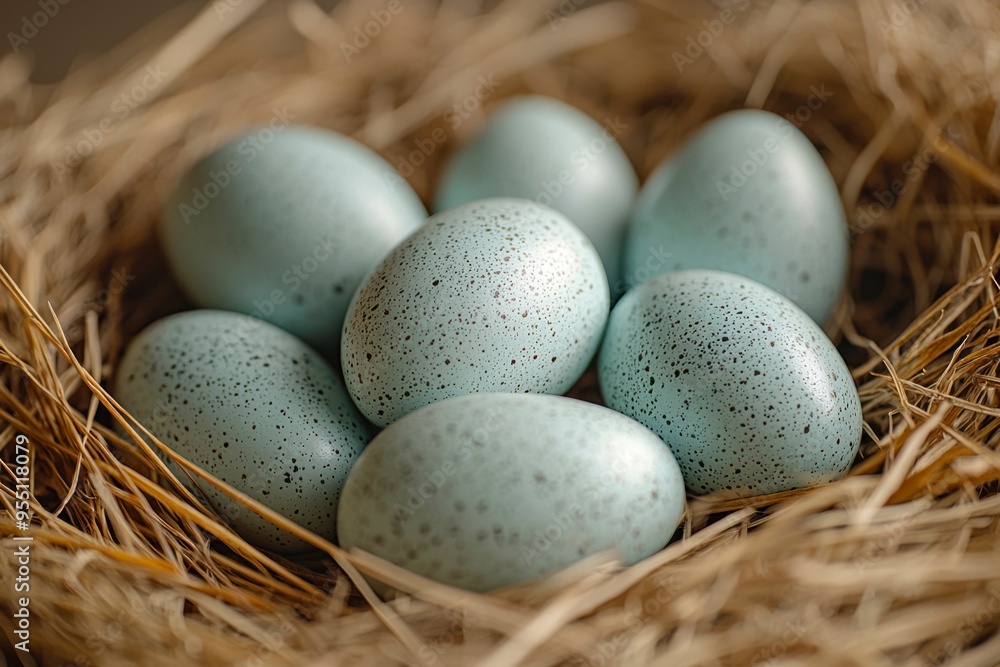 A Nest of Speckled Blue Bird Eggs in Dry Grass A Nest of Speckled Blue Bird Eggs in Dry Grass