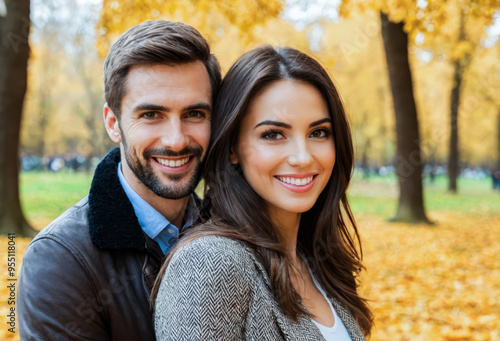 Couple strolling in golden foliage of autumn park, stylish warm clothing on man and woman, serene nature setting, relationship themes or fall fashion imagery, leisure time captured.