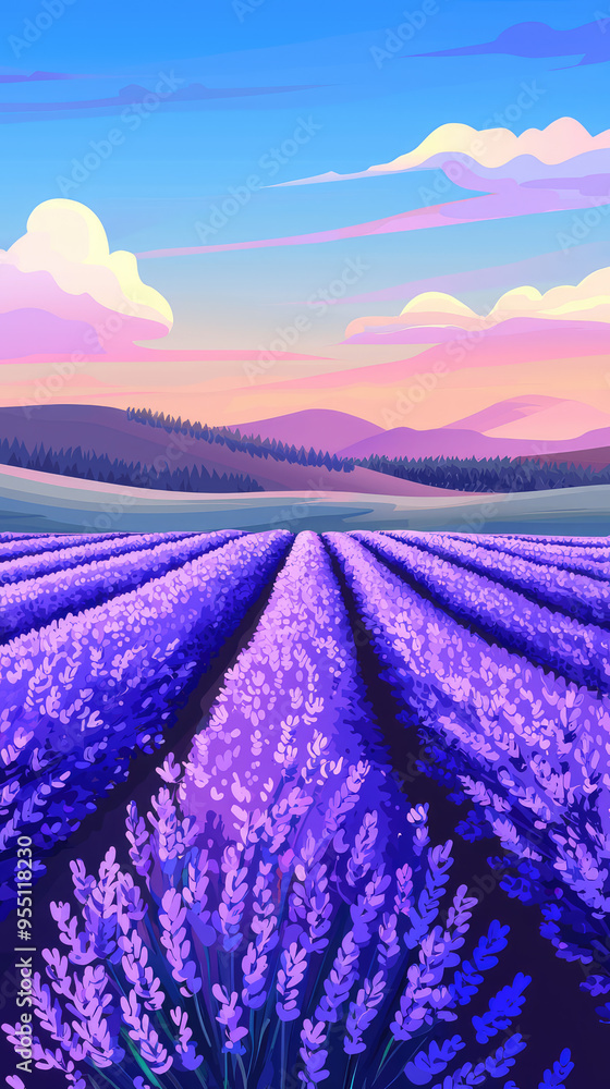Naklejka premium A breathtaking view of lavender fields stretching towards a captivating sunset sky, the vibrant purple blooms creating a mesmerizing landscape.