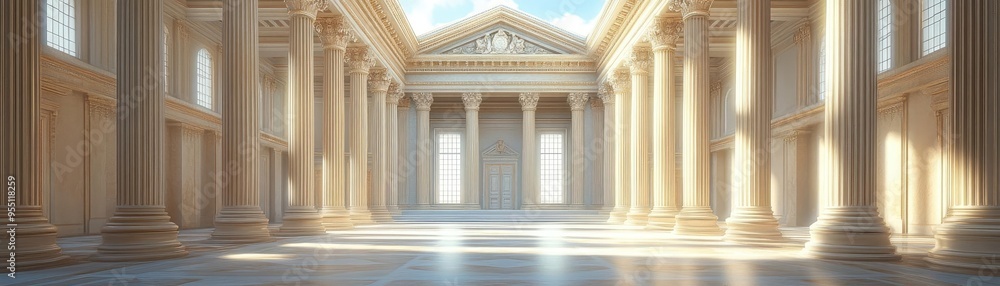 Obraz premium Neoclassical courthouse, with tall columns, ornate pediments, and a grand staircase, 3D architecture