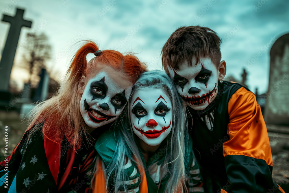 Children Halloween. Children dressed as creepy clowns with vibrant makeup and colorful costumes Children Halloween. Children dressed as creepy clowns with vibrant makeup and colorful costumes