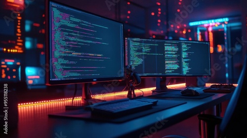 Neonlit workspace with dual monitors showing responsive web design, coding environment, modern developer setup