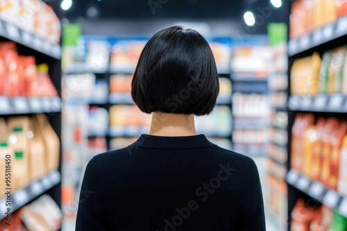 Shopper in a minimalist ecommerce space, surrounded by floating product catalogs and sleek, interactive interfaces