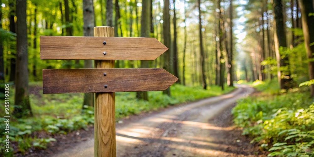 Wooden signpost with blank arrows on a path in a forest setting Wooden signpost with blank arrows on a path in a forest setting
