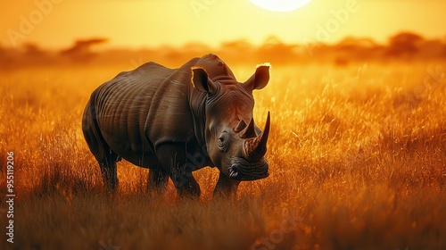 Majestic Rhino Grazing in the African Savanna at Sunset