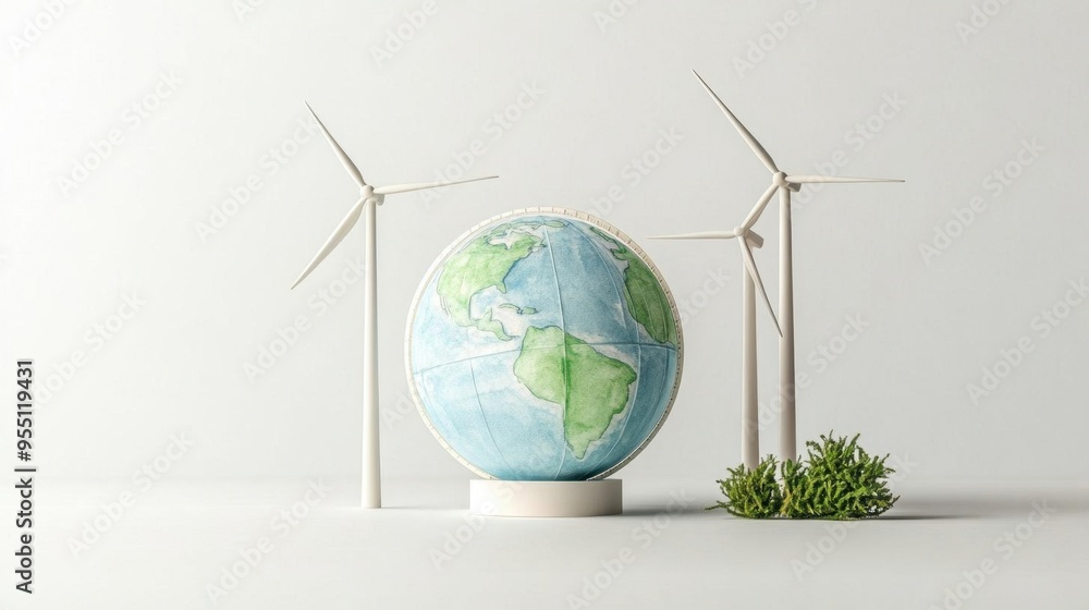 Watercolor globe powered by wind turbines and solar panels, with a soft blend of blues and greens, representing global zero waste energy Watercolor globe powered by wind turbines and solar panels, with a soft blend of blues and greens, representing global zero waste energy