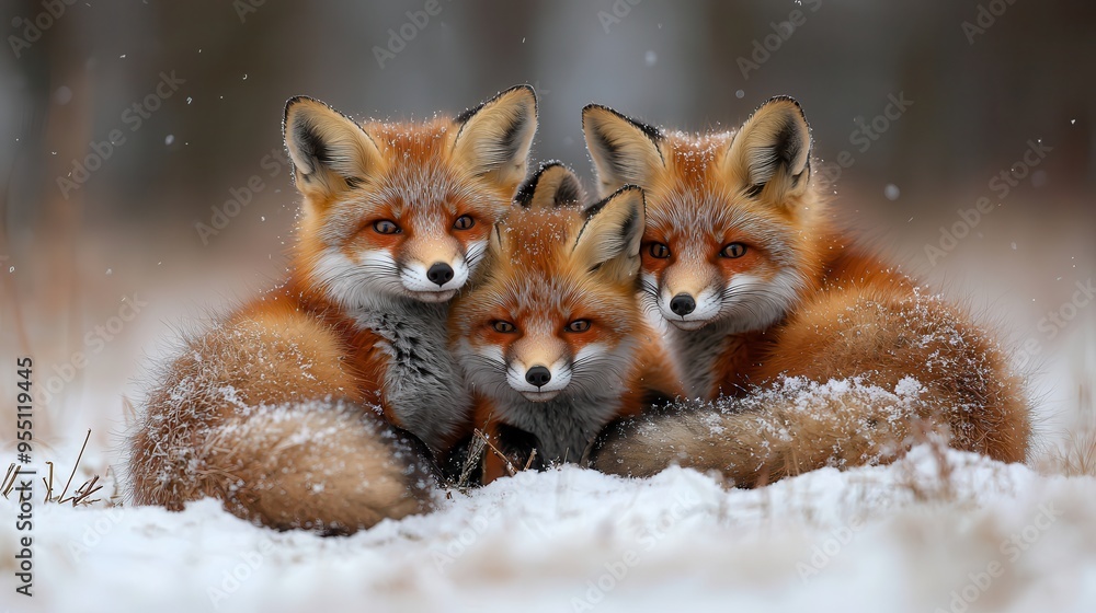 Obraz premium Playful Red Foxes frolicking in a Winter Wonderland - Adorable Wild Animals in a Snowy Landscape