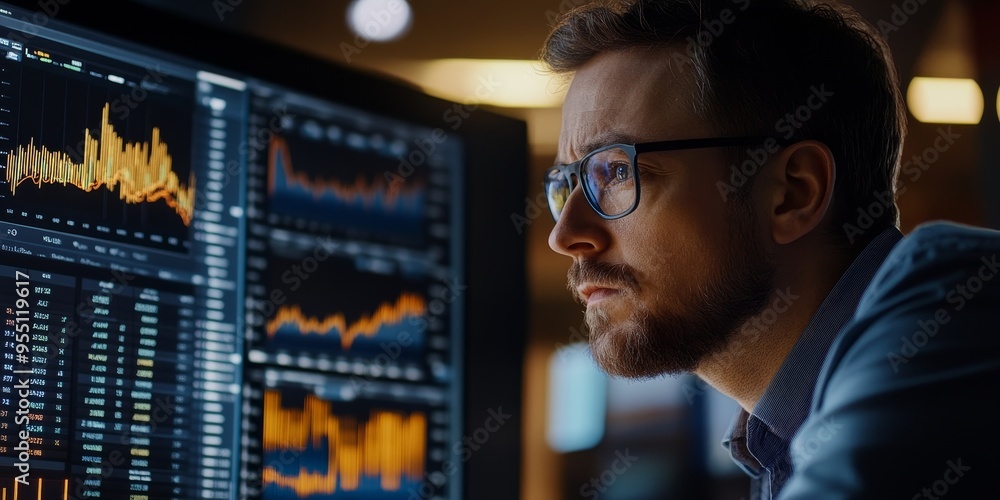 Financial analyst reviewing market trend data on a digital platform clear visualizations and performance metrics modern interface Financial analyst reviewing market trend data on a digital platform clear visualizations and performance metrics modern interface