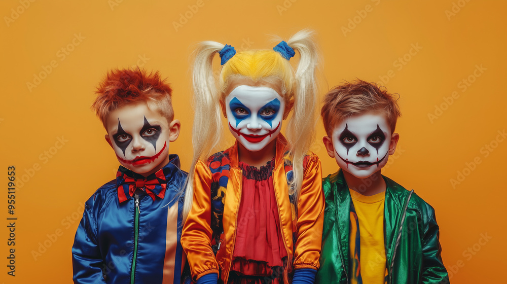Children Halloween. Children dressed as creepy clowns with vibrant makeup and colorful costumes Children Halloween. Children dressed as creepy clowns with vibrant makeup and colorful costumes