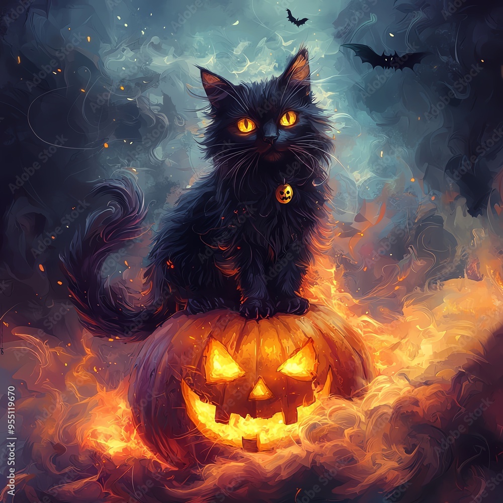 A mystical black cat perched on a glowing pumpkin, surrounded by fog and bats, evoking a whimsical Halloween atmosphere. A mystical black cat perched on a glowing pumpkin, surrounded by fog and bats, evoking a whimsical Halloween atmosphere.