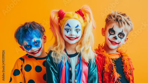 Children Halloween. Children dressed as creepy clowns with vibrant makeup and colorful costumes