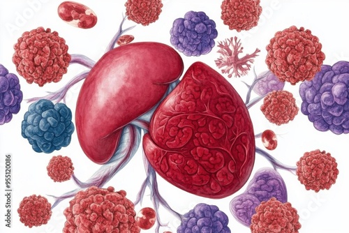 Watercolor liver surrounded by abstract cancerous tissues, using deep red and purple tones, symbolizing the severity of the condition