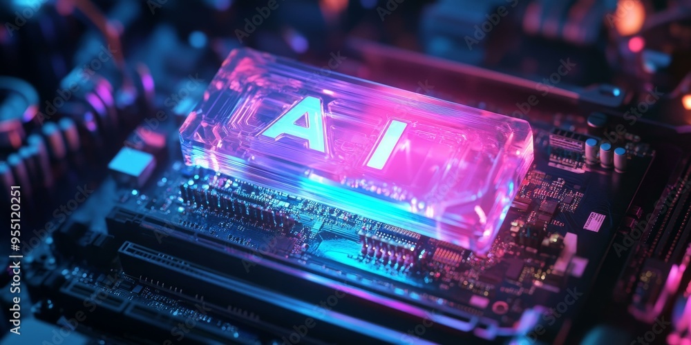 Fototapeta premium AI chip glows on a circuit board.