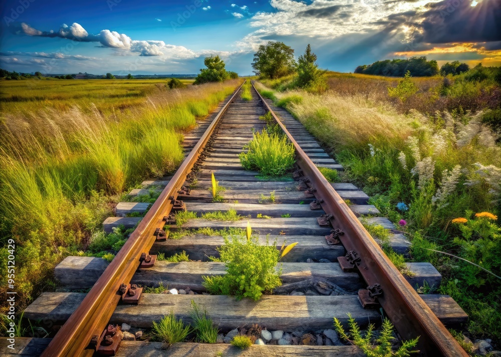 Rugged, rusty railroad tracks stretch into the distance, surrounded by overgrown weeds and worn wooden ties in a rural, abandoned landscape. Rugged, rusty railroad tracks stretch into the distance, surrounded by overgrown weeds and worn wooden ties in a rural, abandoned landscape.