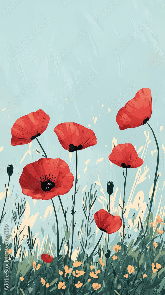 Obraz premium A vibrant burst of red poppies stand tall against a soft blue sky, their delicate petals swaying in the gentle breeze.