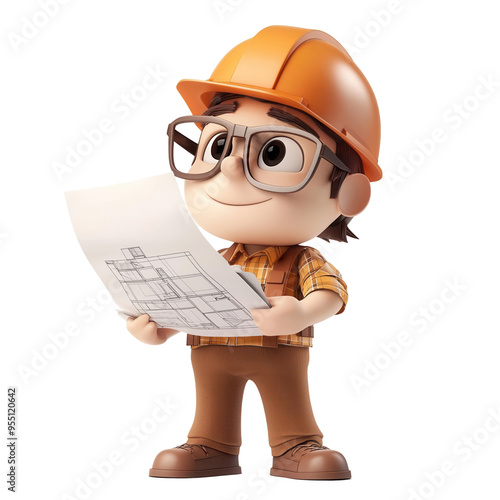 Obraz na płótnie Civil engineer with a hard hat and plans, 3D illustration on transparent background w salonie