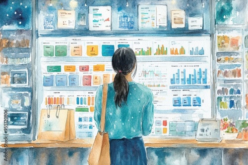 Watercolor scene of a digital shopping experience with data charts interwoven into the design, user experience, e-commerce analytics