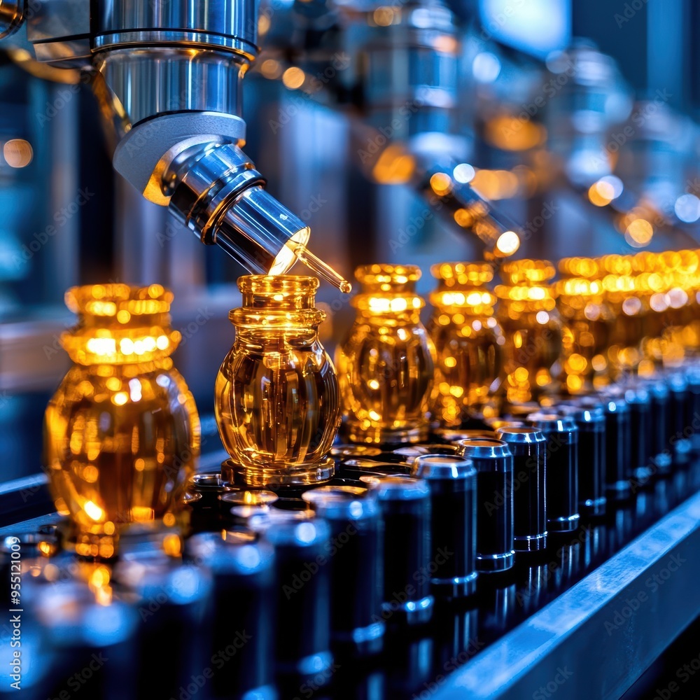 A close-up of a modern production line featuring golden glass bottles being filled, showcasing industrial automation and efficiency. A close-up of a modern production line featuring golden glass bottles being filled, showcasing industrial automation and efficiency.