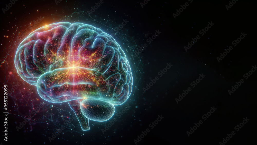 Hologram of the brain. Wireframe glowing low poly design on dark background, healthy brain concept Hologram of the brain. Wireframe glowing low poly design on dark background, healthy brain concept