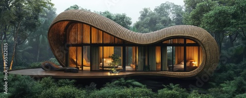 Sustainable bamboo house, with a thatched roof, open-air design, and natural ventilation, 3D architecture photo