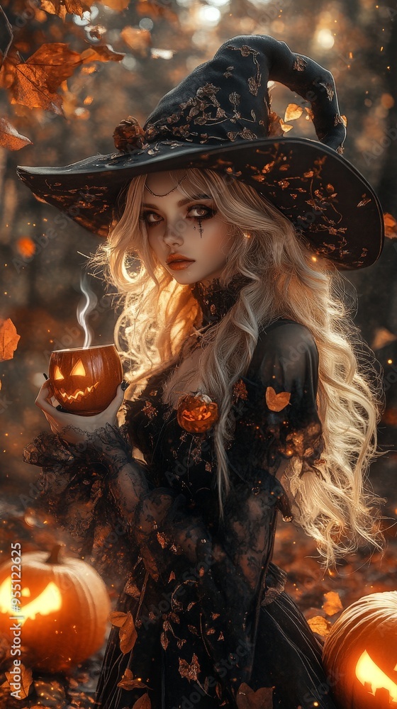 Whimsical Witch Enjoys Pumpkin Spice Latte on Halloween Whimsical Witch Enjoys Pumpkin Spice Latte on Halloween