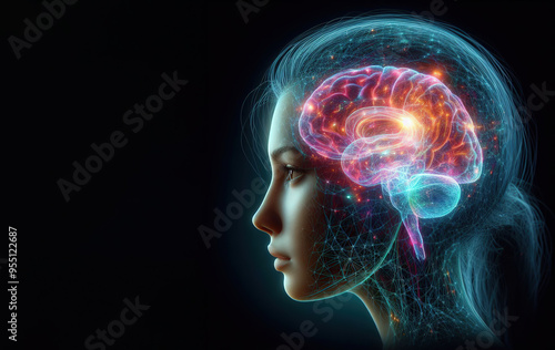 Hologram of the brain. Wireframe glowing low poly design on dark background, healthy brain concept