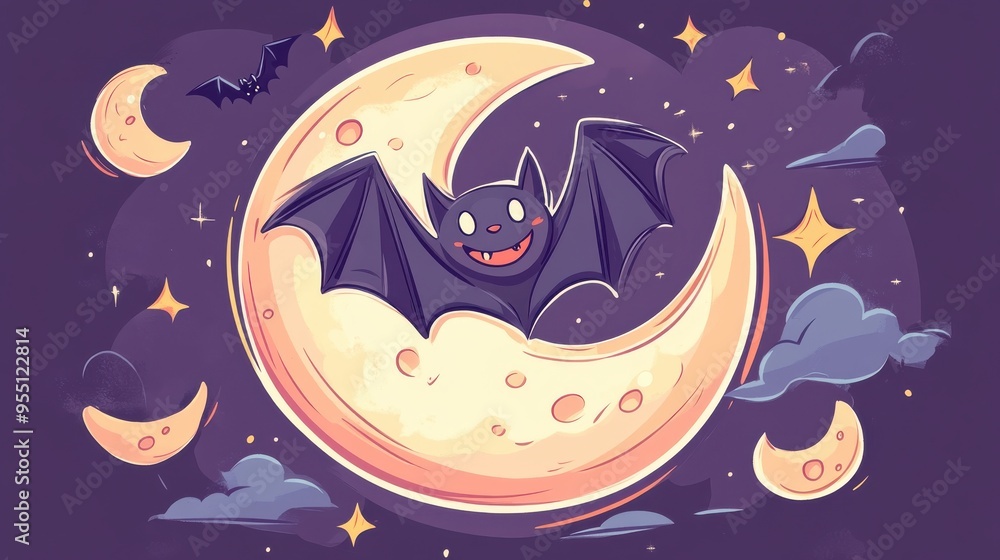 A cute cartoon bat flying among stars and a crescent moon, perfect for Halloween or whimsical designs. A cute cartoon bat flying among stars and a crescent moon, perfect for Halloween or whimsical designs.