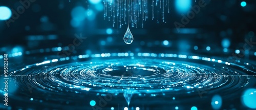 Floating particles and a water drop in a futuristic digital setting, visualizing advanced technology and precision