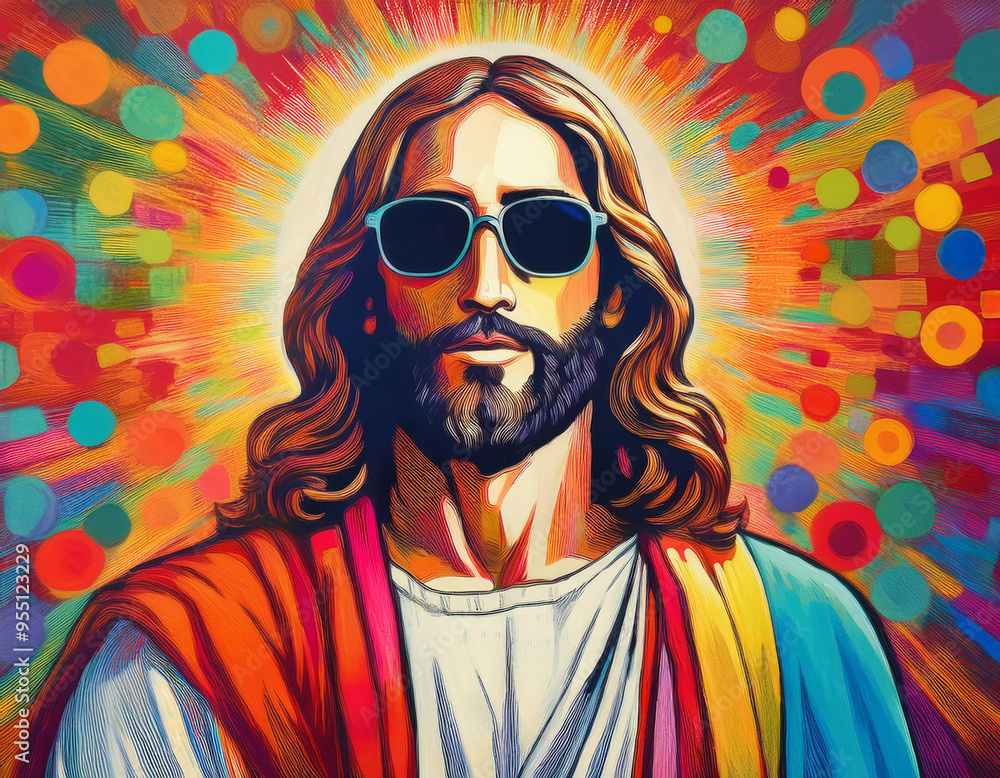 Portrait of Jesus Wearing Sunglasses Modern Summer Illustration Capturing Iconic Headshot Portrait of Jesus Wearing Sunglasses Modern Summer Illustration Capturing Iconic Headshot