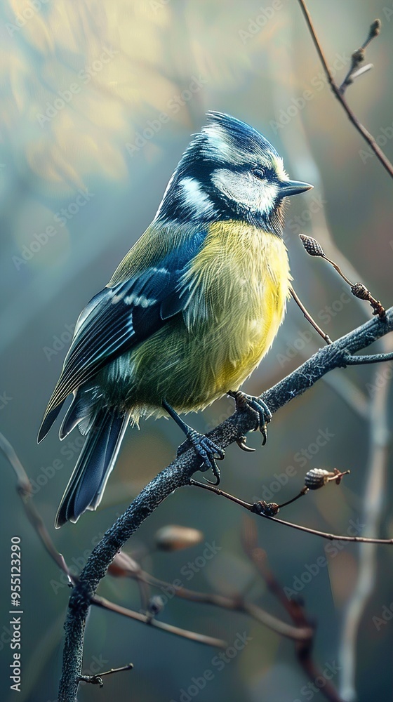 Fototapeta premium A blue tit perched on a branch with soft light.