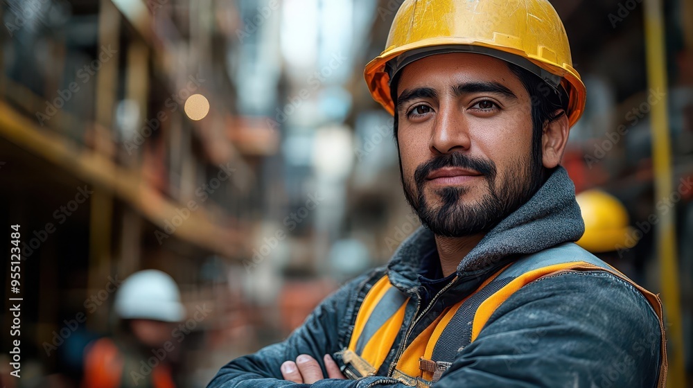 confident hispanic man in safety gear and hard hat standing with arms crossed in a bustling construction site surrounded by scaffolding and heavy machinery confident hispanic man in safety gear and hard hat standing with arms crossed in a bustling construction site surrounded by scaffolding and heavy machinery