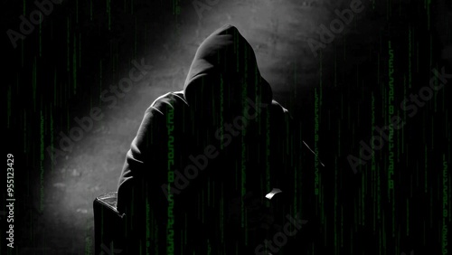 Anonymous man in a hood interview background, mysterious man sitting on a chair and talking. Anonymous hacker interview with no visible face, computer hacker conceptual background