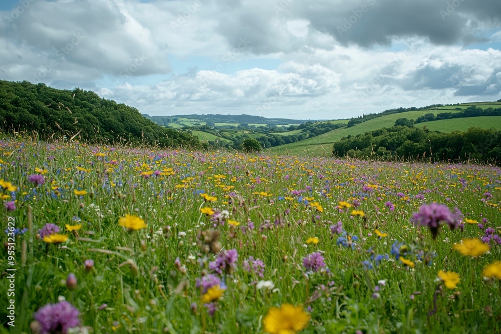 Vibrant Wildflowers in a Rolling Green Landscape Vibrant Wildflowers in a Rolling Green Landscape