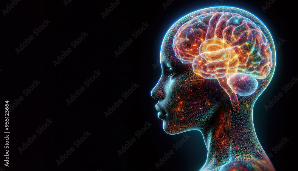 Hologram of the brain. Wireframe glowing low poly design on dark background, healthy brain concept Hologram of the brain. Wireframe glowing low poly design on dark background, healthy brain concept