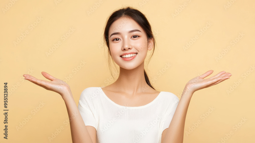 Smiling young Asian woman in white crop top and jeans with open arms against a beige background Smiling young Asian woman in white crop top and jeans with open arms against a beige background