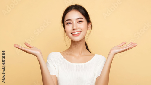 Wallpaper Mural Smiling young Asian woman in white crop top and jeans with open arms against a beige background Torontodigital.ca