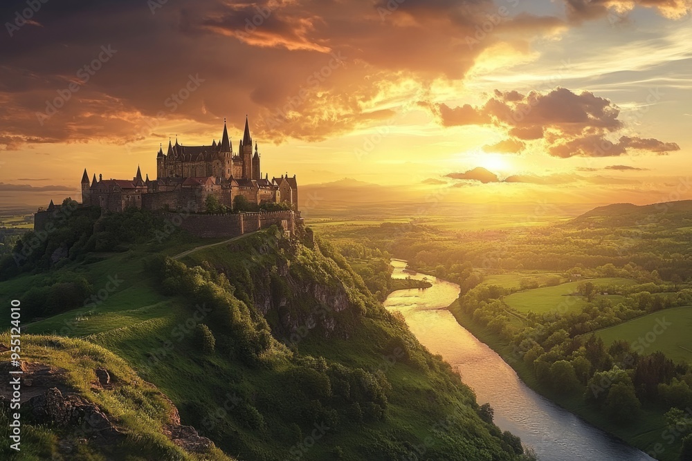 Obraz premium A majestic castle stands high on a lush hill. The sunset paints the sky in vibrant colors. A river flows gently below, enhancing the beauty of the landscape. Generative AI