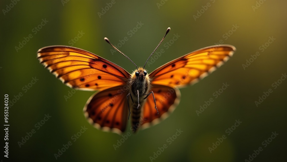 Obraz premium A close-up moth flies in the air on a green blurred background